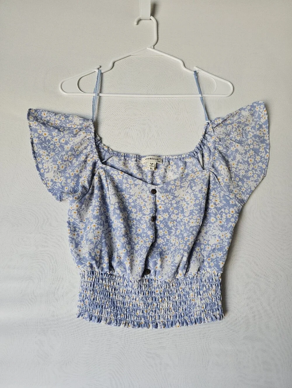 Monteau Blue Floral Smocked Crop Top Off The Shoulder XL
